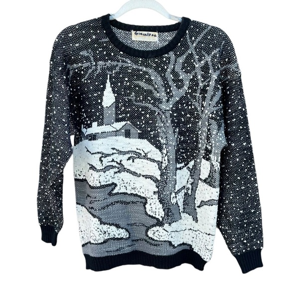 VTG Snowy Landscape Knit Sweater Chapel Stream Trees Laguna Hill 80s 90s Blk Wht - Picture 1 of 11